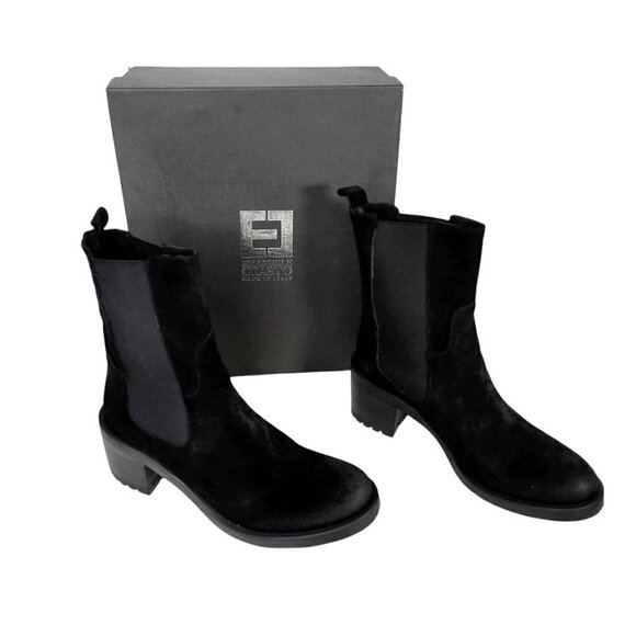 Made In Italy Suede Leather Chunky Heel Chelsea Booties Boots Black Size 10